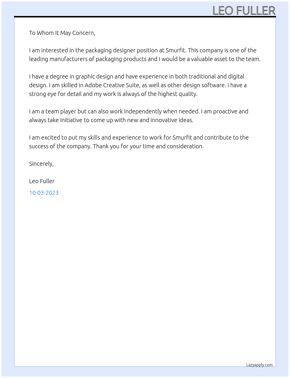 Packaging designer  At Smurfit  Cover Letter