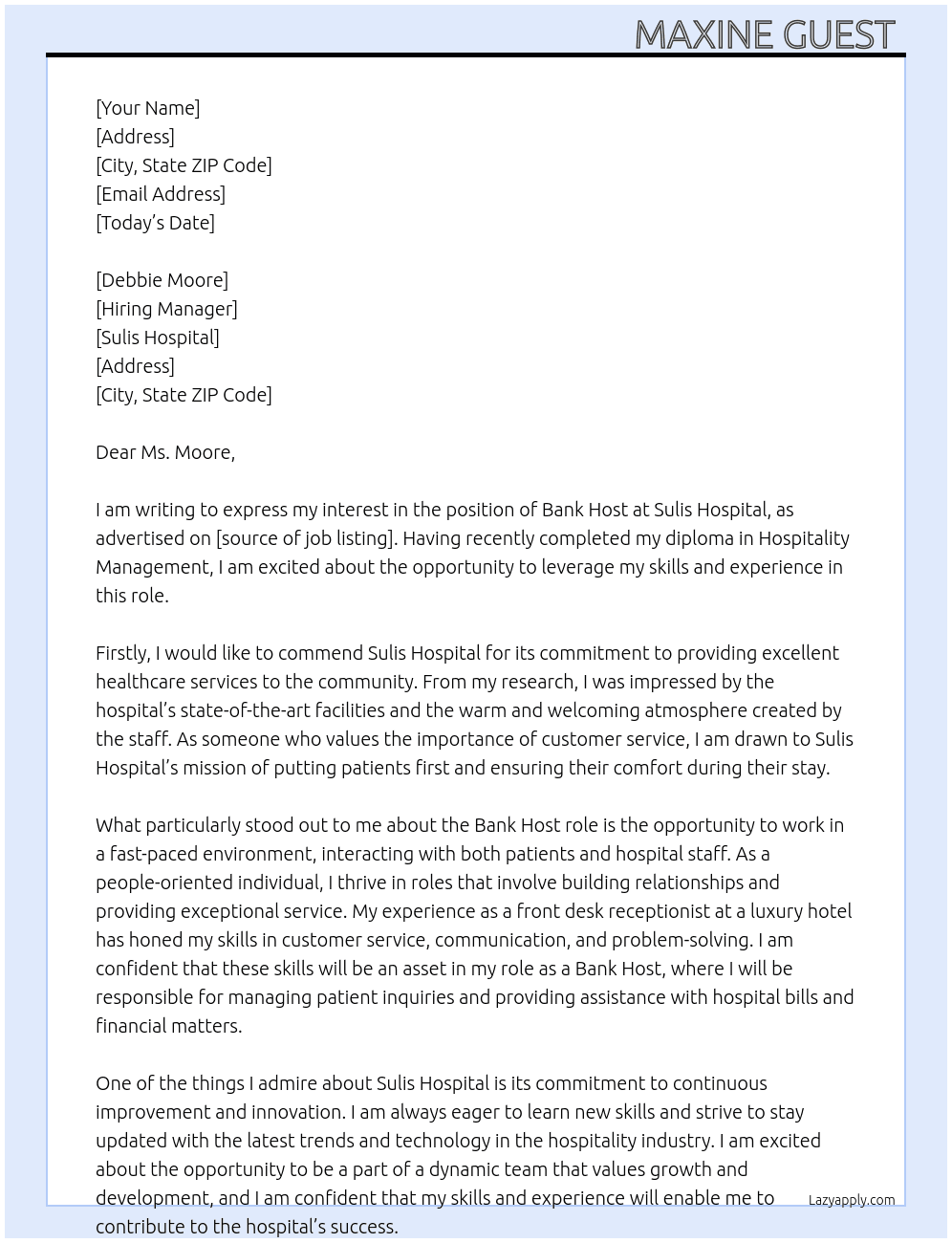 Bank host  At Sulis hospital  Cover Letter