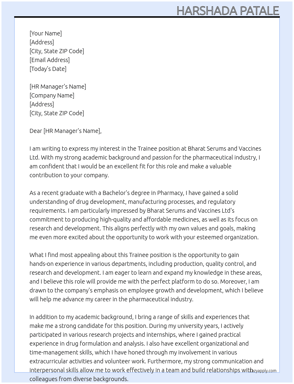 Trainee At Bharat Serums and Vaccines Ltd Cover Letter