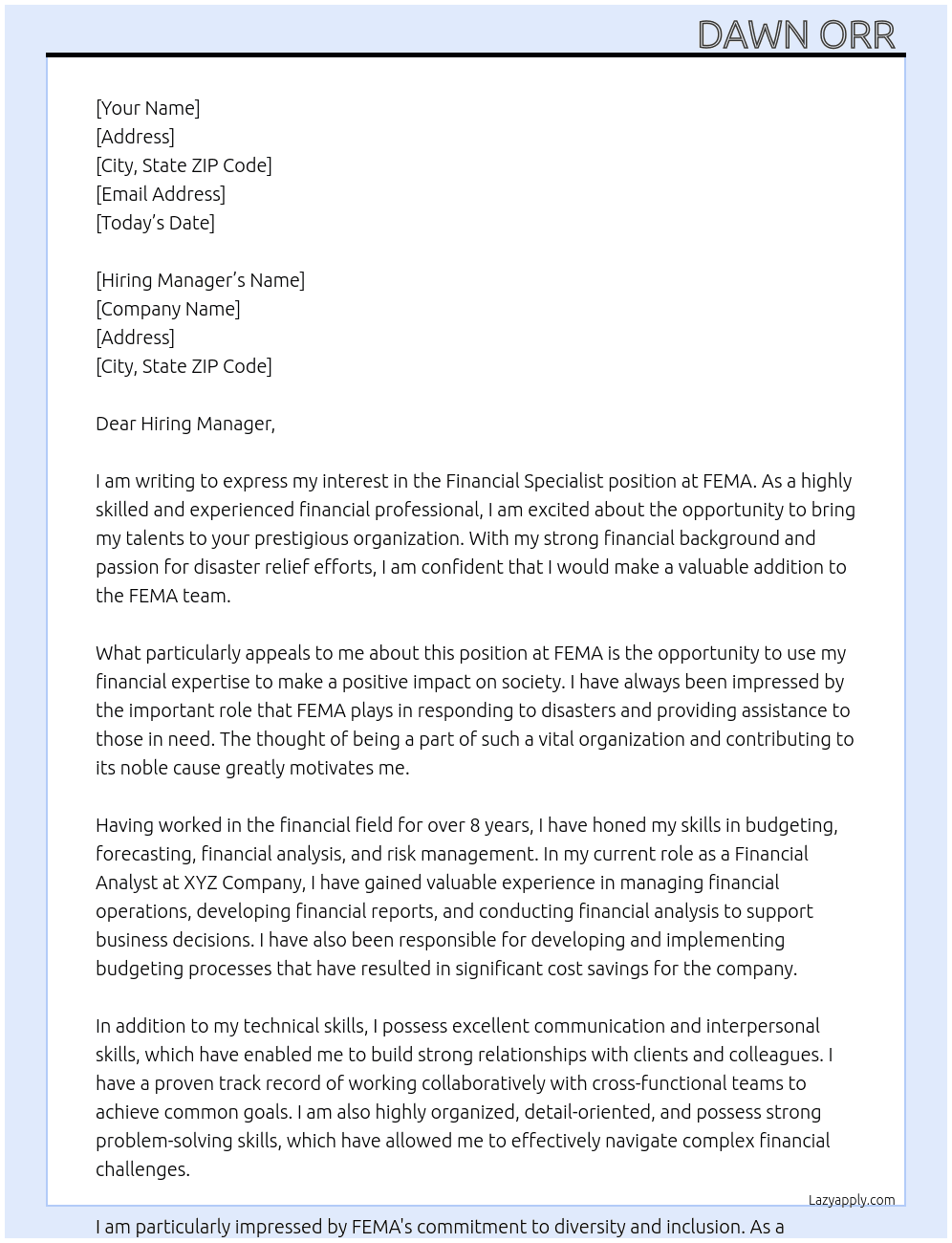 Financial specialist  At FEMA Cover Letter