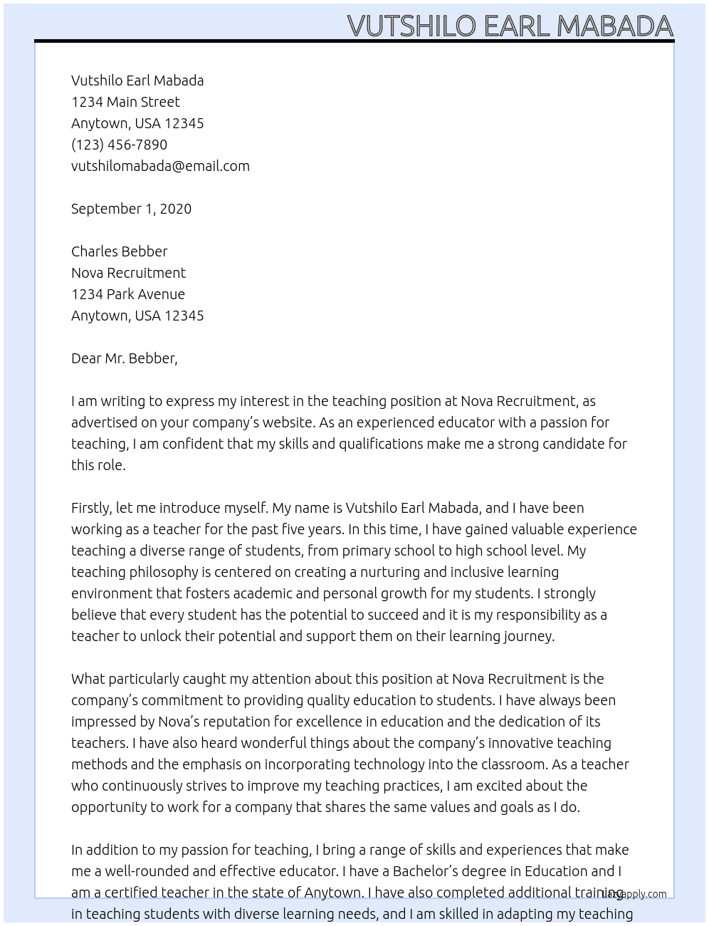 Teacher  At Nova Recruitment  Cover Letter