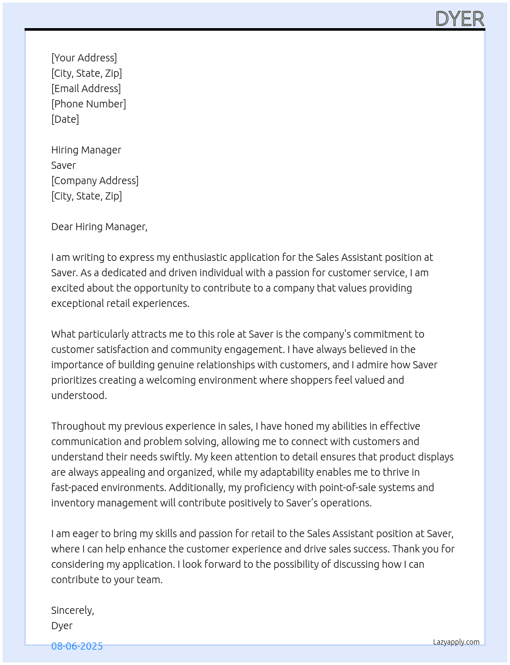sale assistant  At Saver Cover Letter