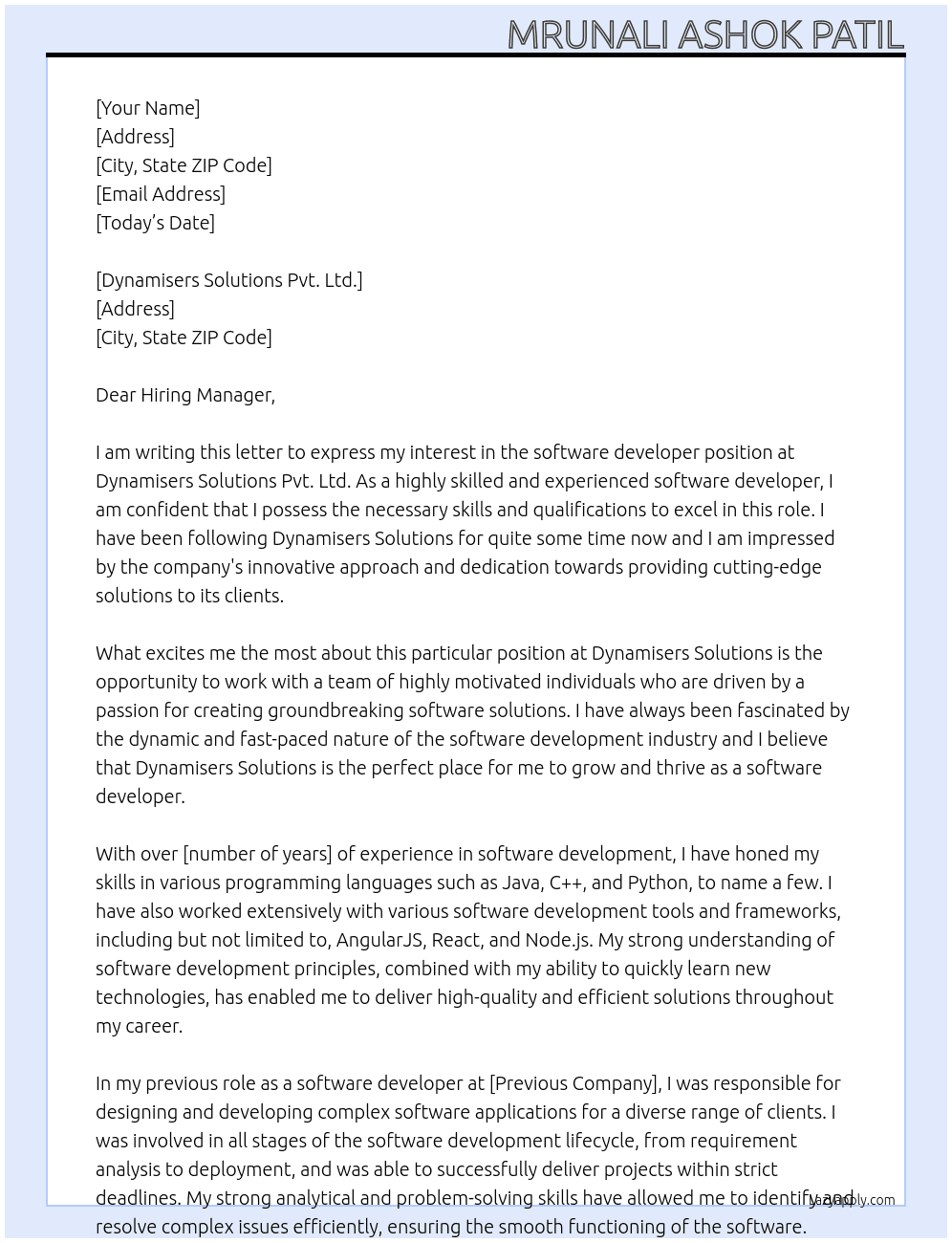 software developer  At Dynamisers Solutions Pvt. Ltd Cover Letter
