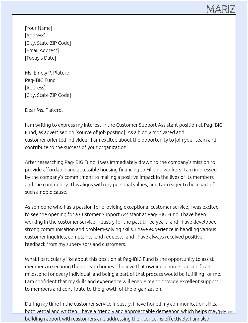 Customer Support Assistant At Pag-IBIG Fund Cover Letter