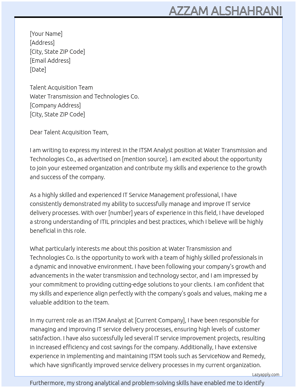 ITSM Analyst At Water Transmission and Technologies Co. Cover Letter