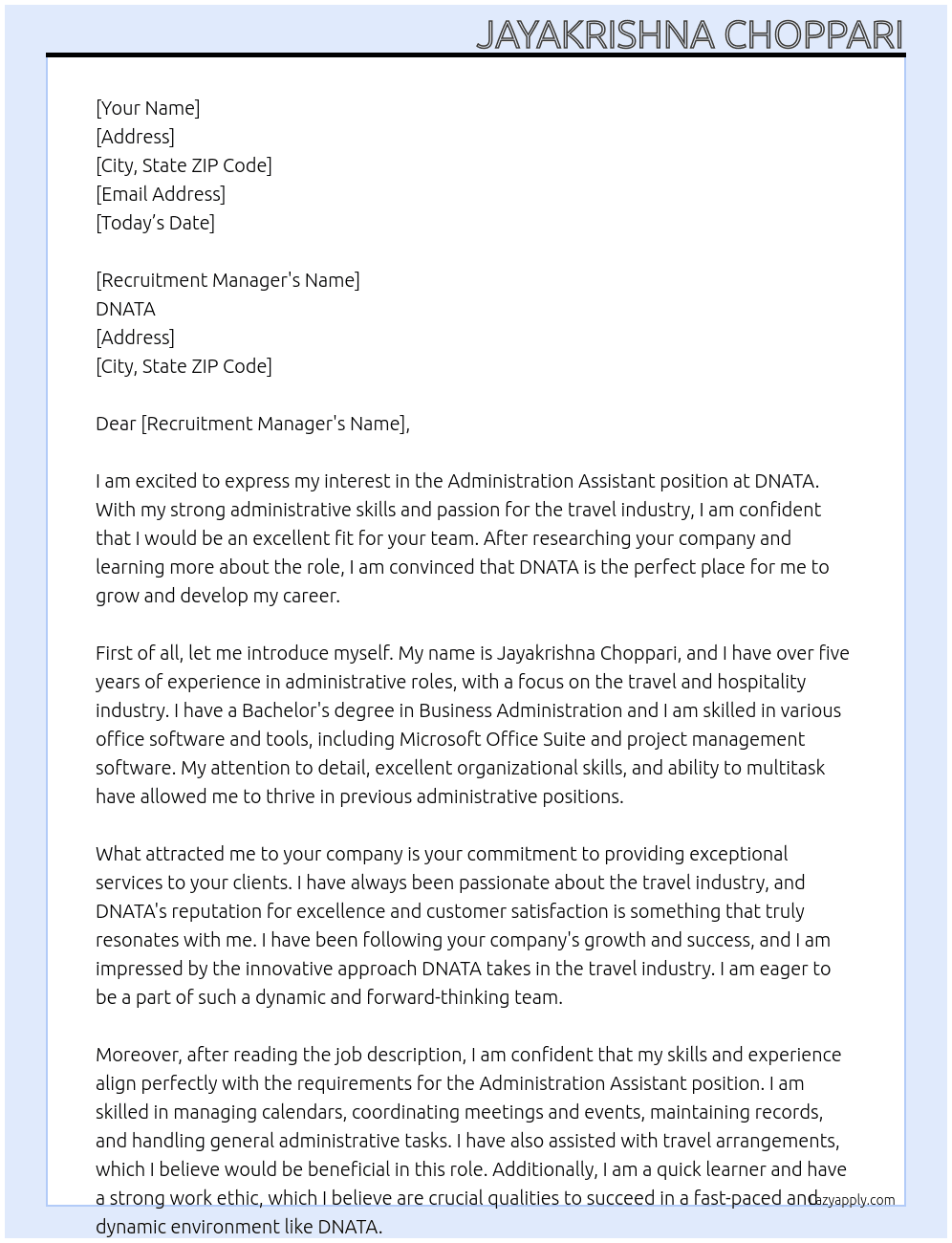 administraion assistant At DNATA Cover Letter