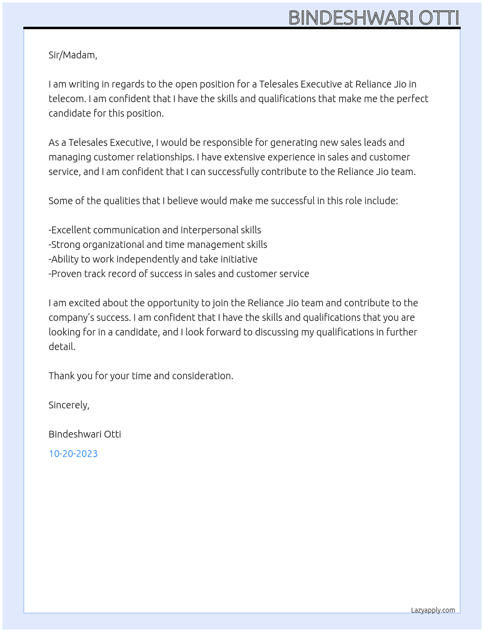 Telesales Executive At reliance jio in telecom Cover Letter