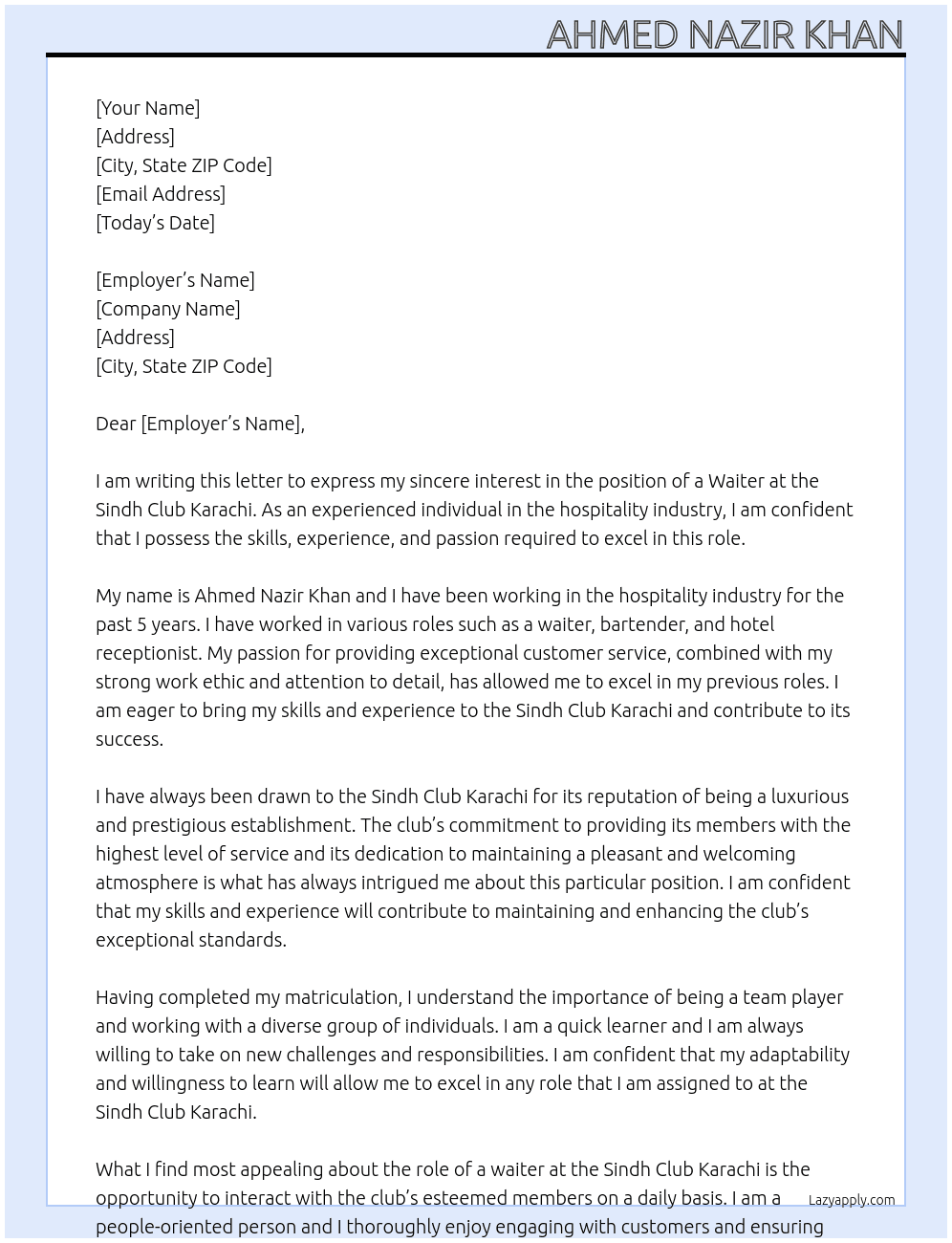 WAITER OR ANY SUITABLE POST At SINDH CLUB KARACHI Cover Letter