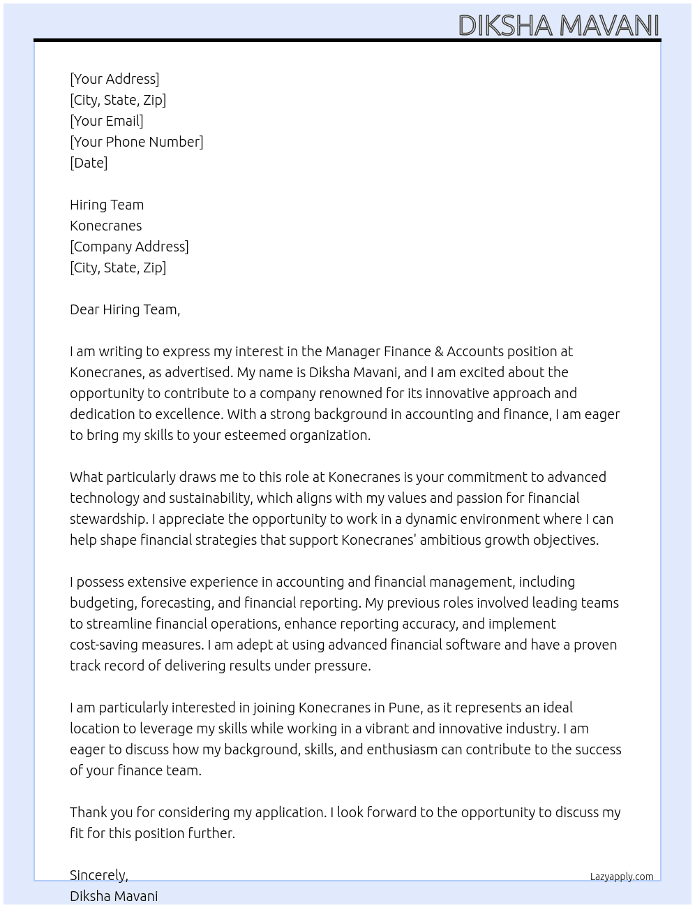 Manager Finance & Accounts At Konecranes Cover Letter
