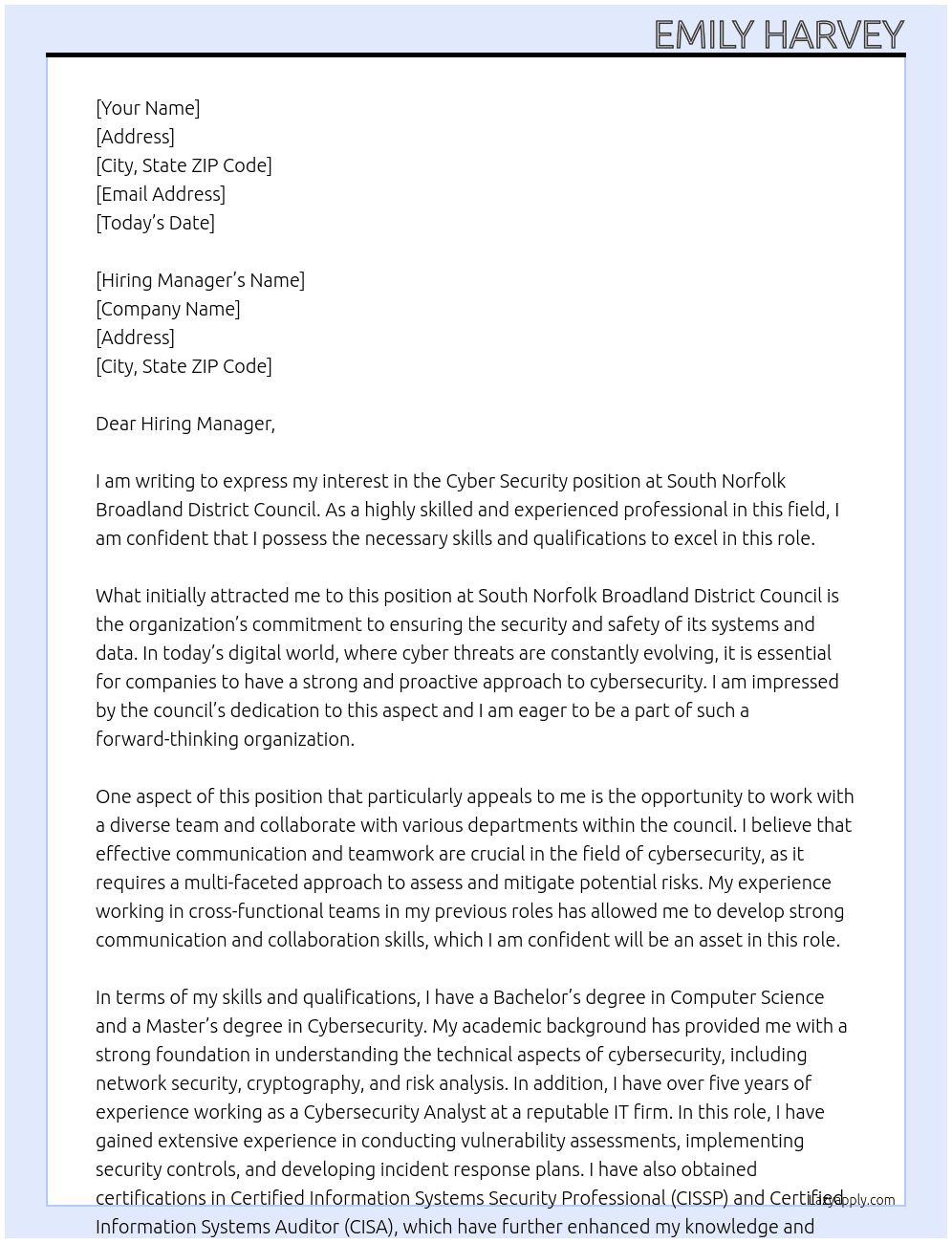 Cyber security At South Norfolk Broadland District Council Cover Letter