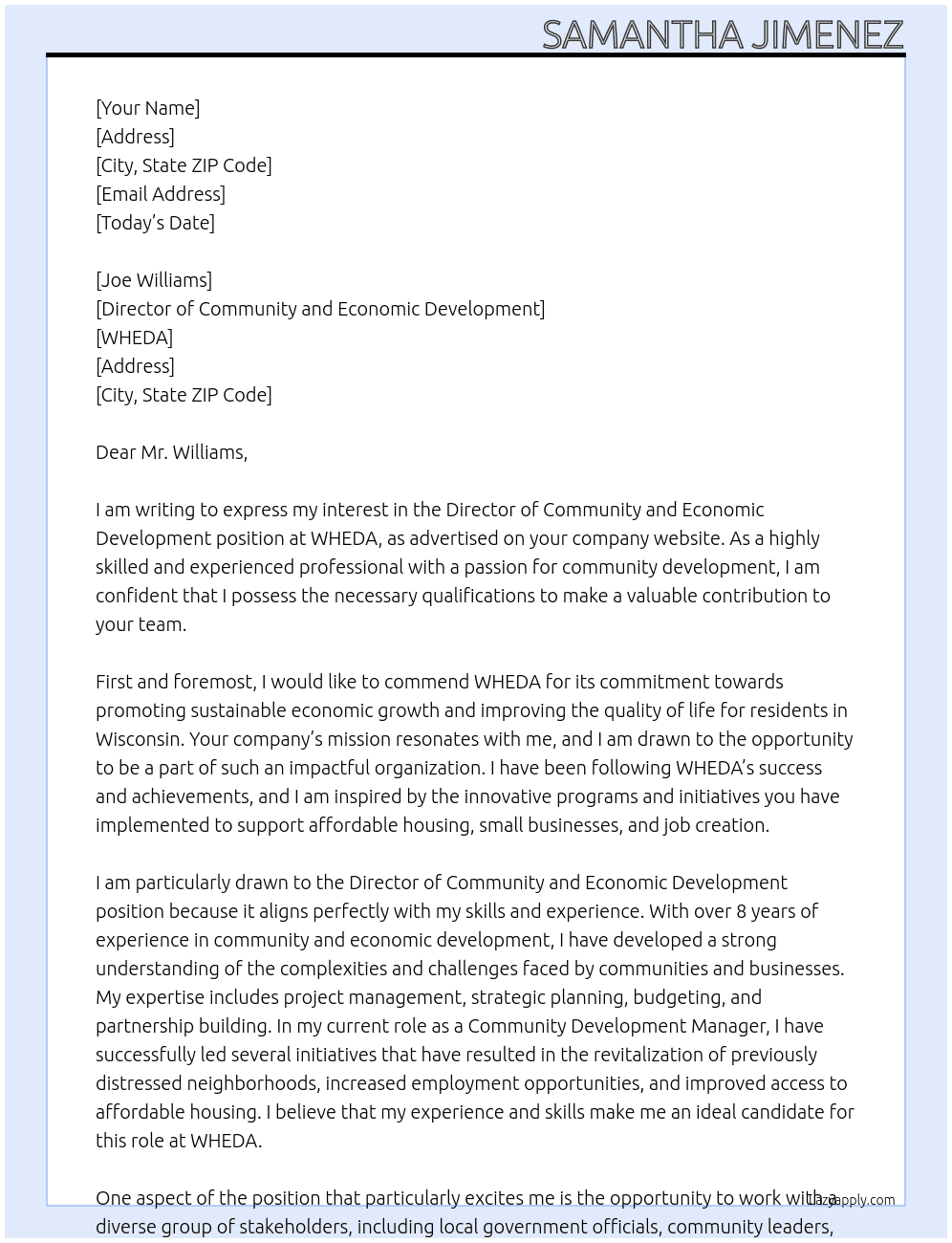 DIRECTOR - COMMUNITY AND ECONOMIC DEVELOPMENT At WHEDA Cover Letter