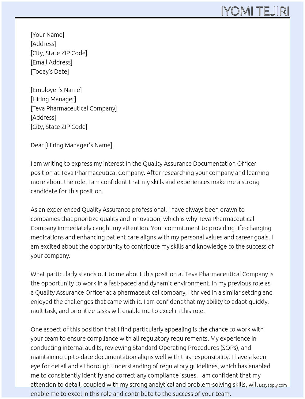 quality assurance documentation officer At teva pharmaceutical company Cover Letter