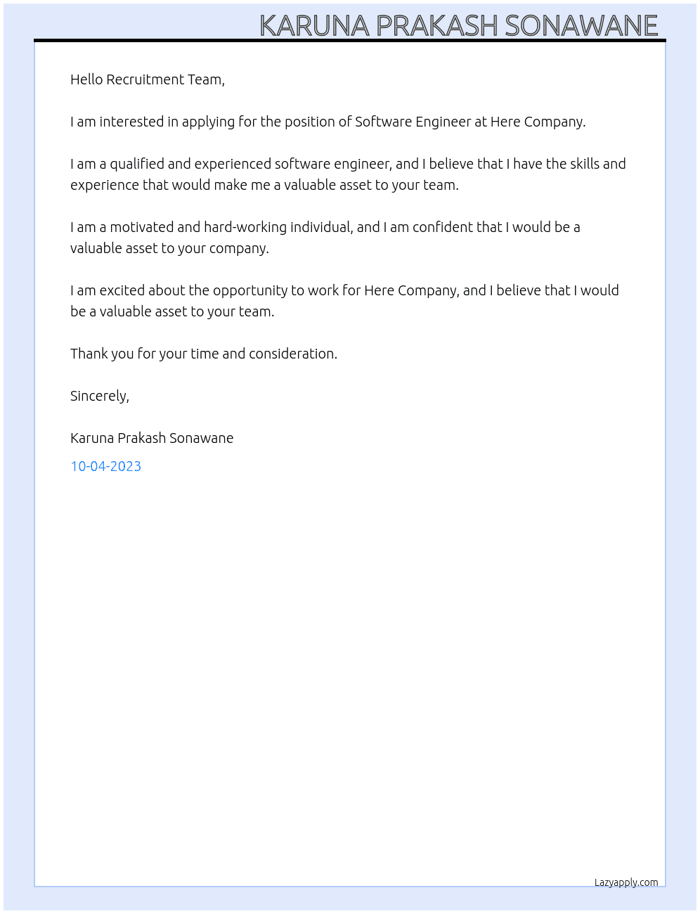 Software Engineer  At Here Company  Cover Letter