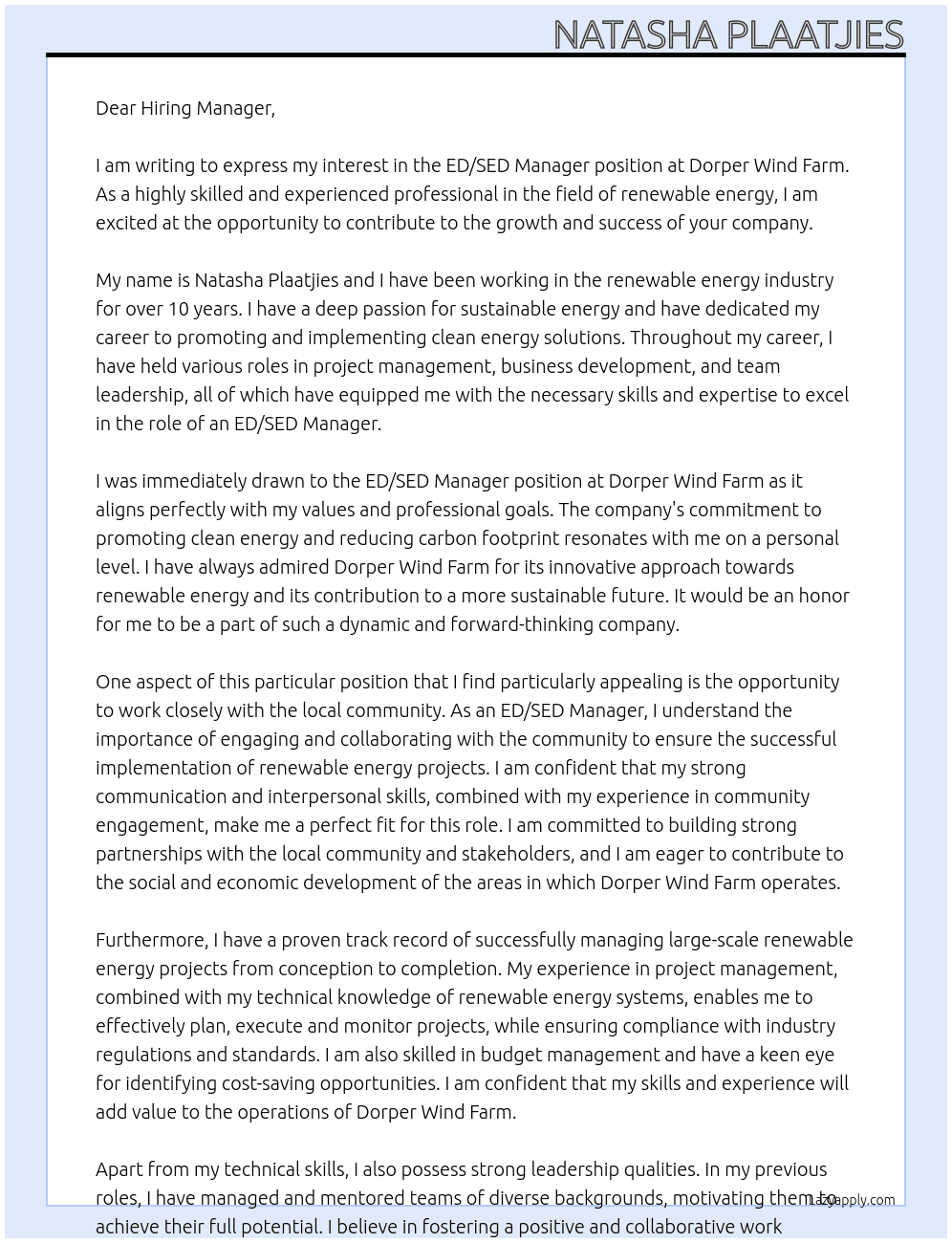 ED/SED Manager At Dorper Wind Farm Cover Letter