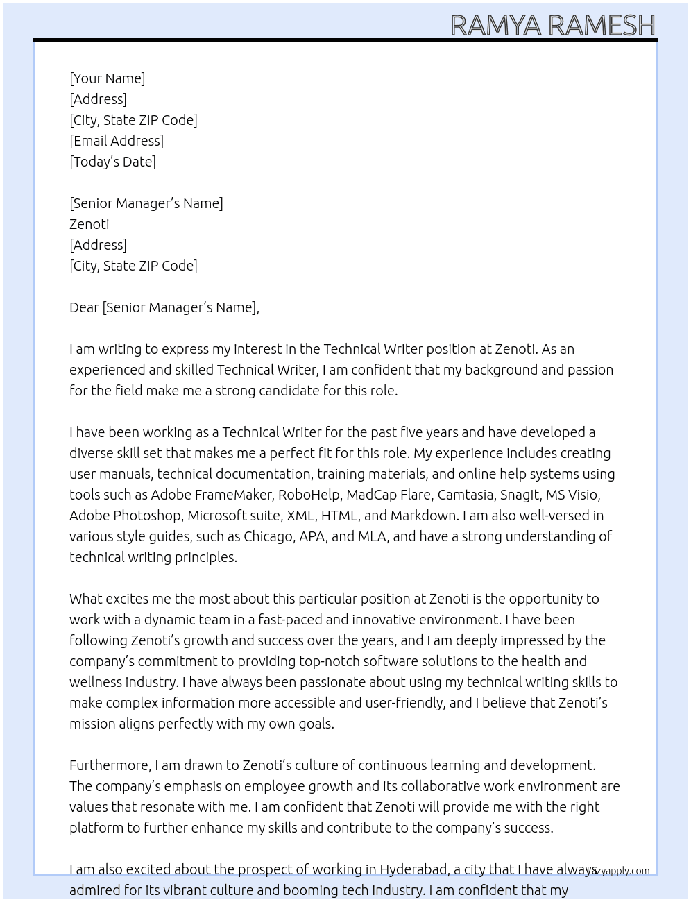 Technical Writer At Zenoti Cover Letter