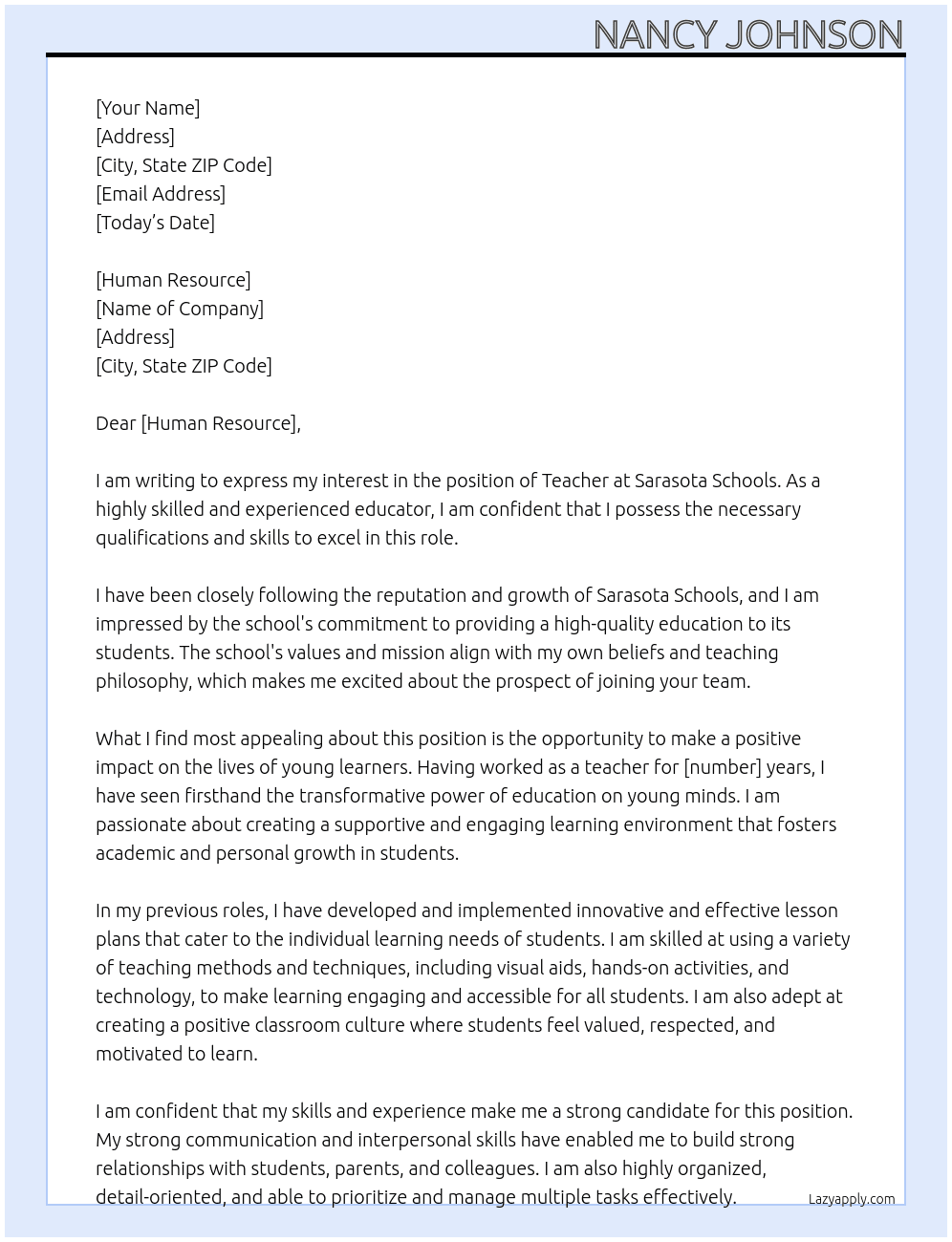 Teacher At Sarasota Schools Cover Letter