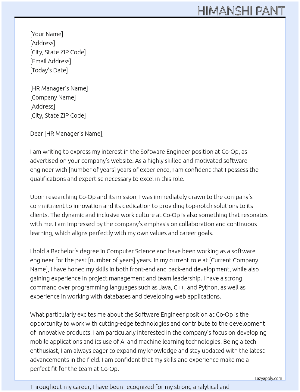 Software Engineer At Co-Op  Cover Letter