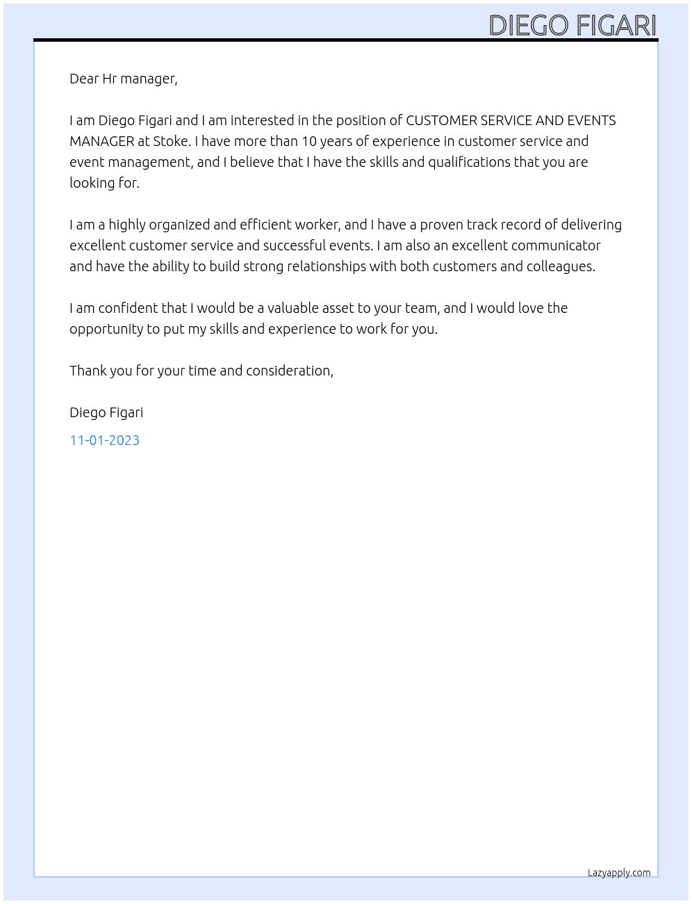 CUSTOMER SERVICE AND EVENTS MANAGER At Stoke Cover Letter