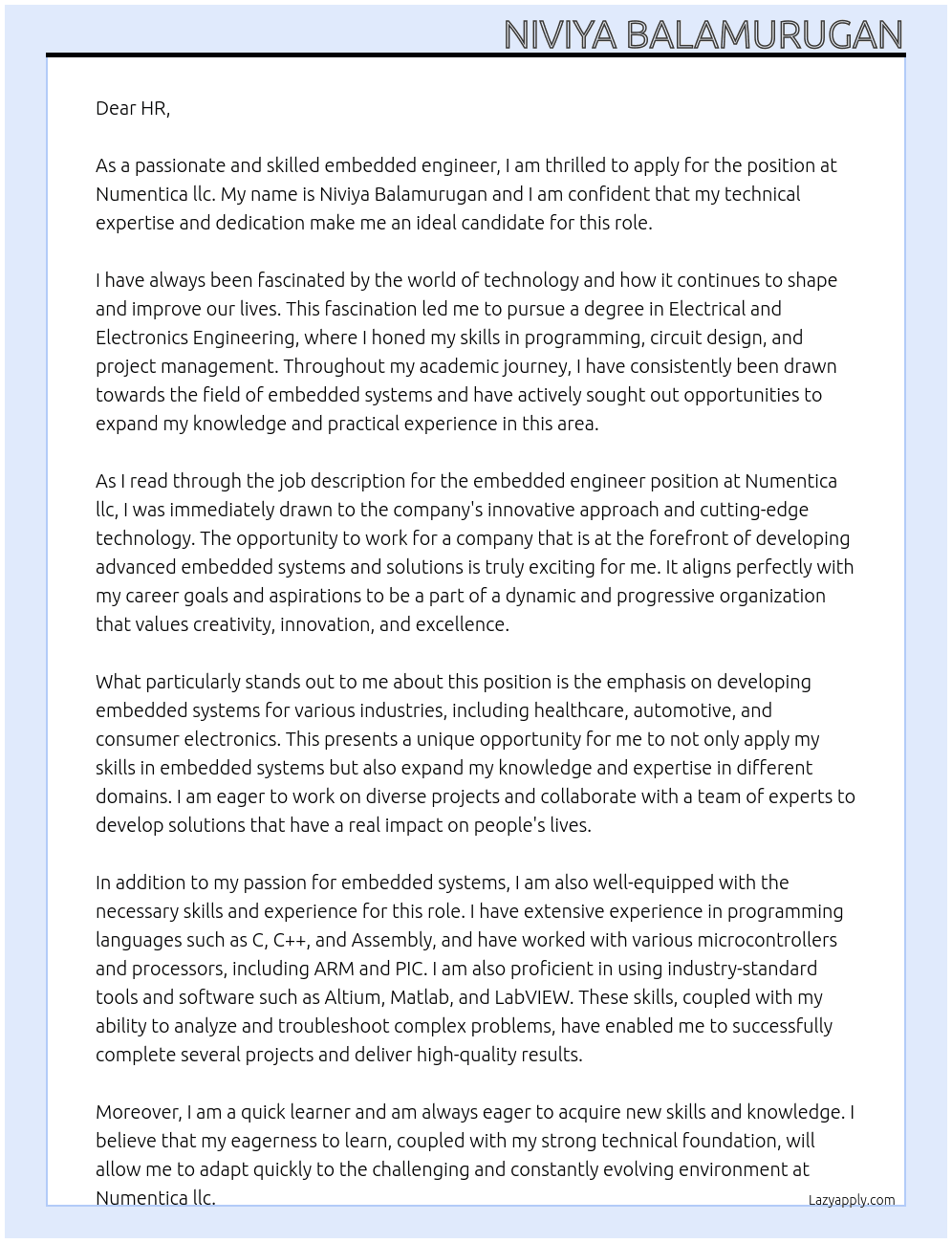 embedded engineer At Numentica llc Cover Letter