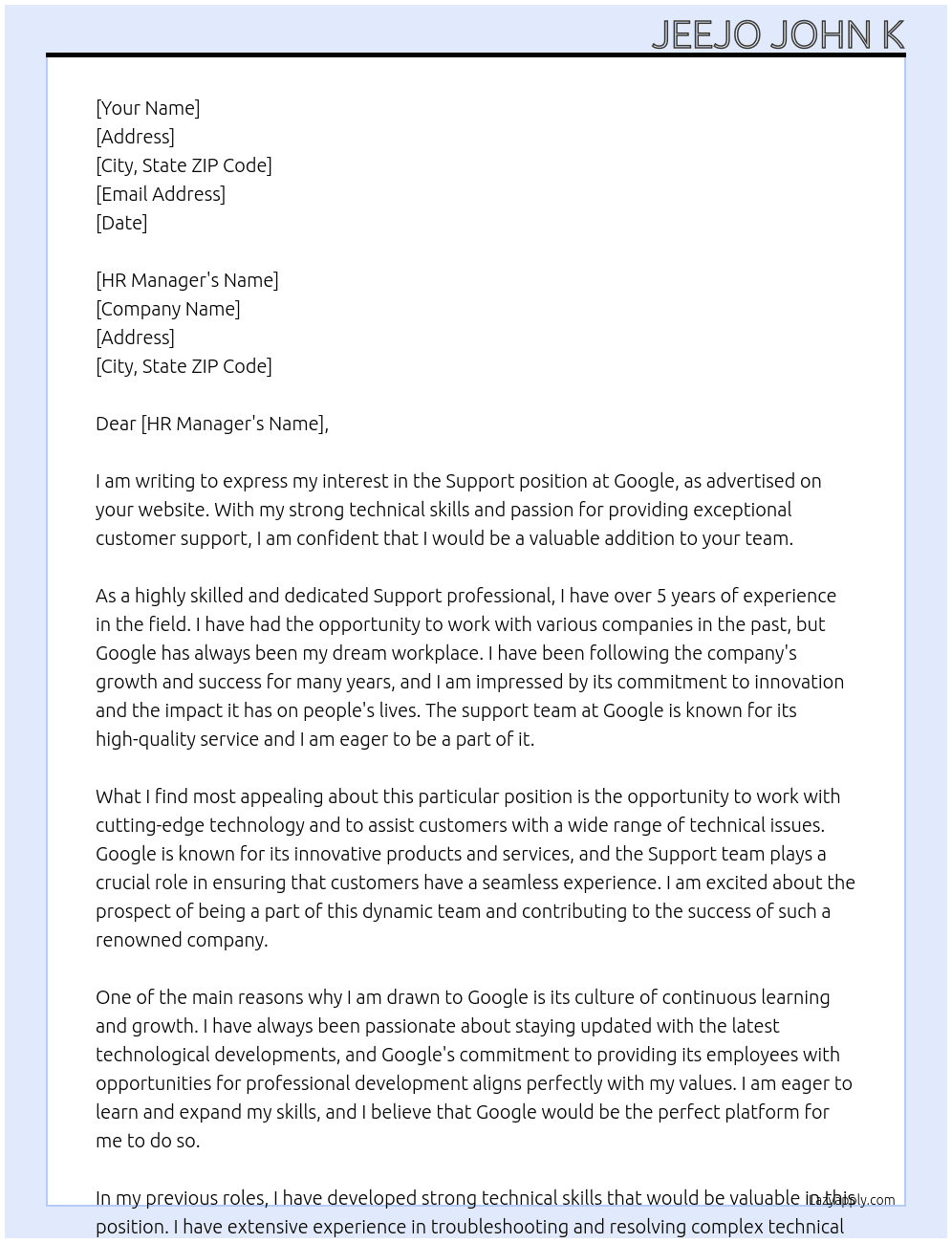 Support At google  Cover Letter