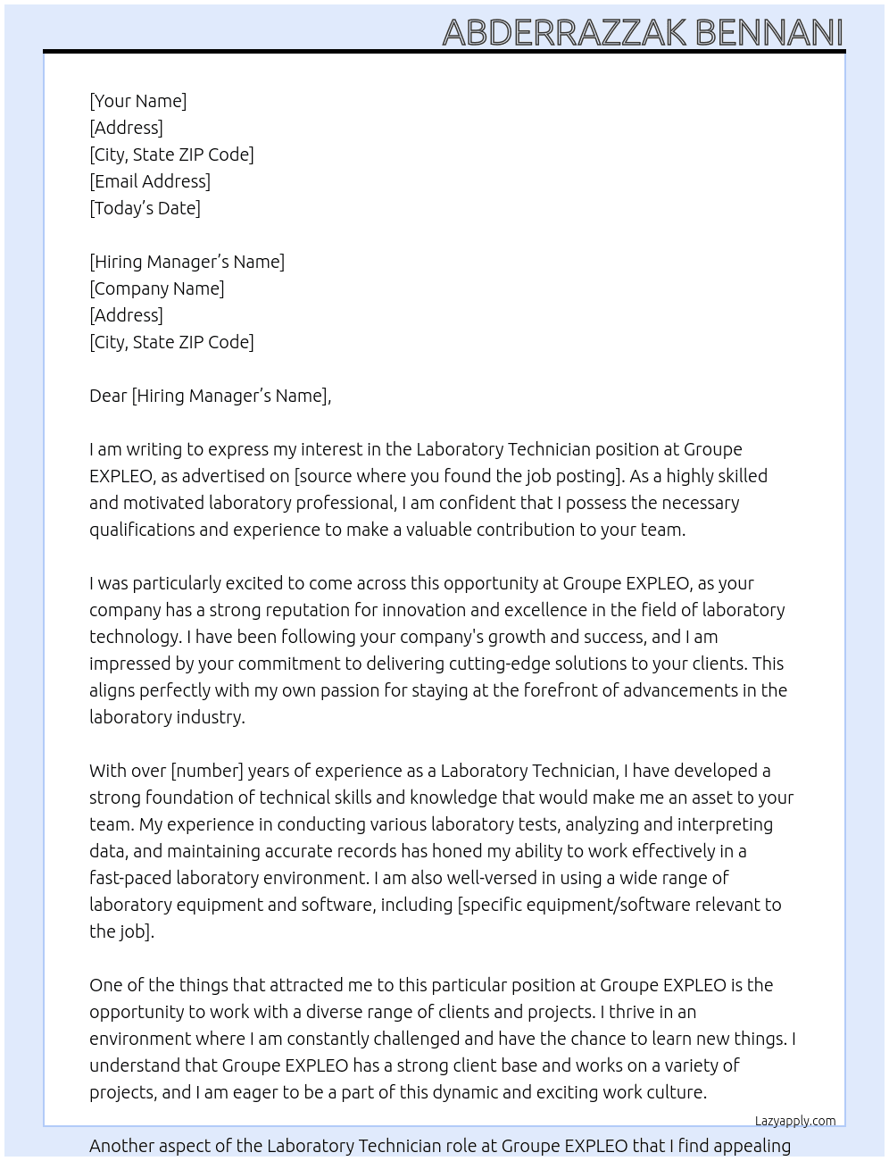 laboratory technician At Groupe EXPLEO Cover Letter