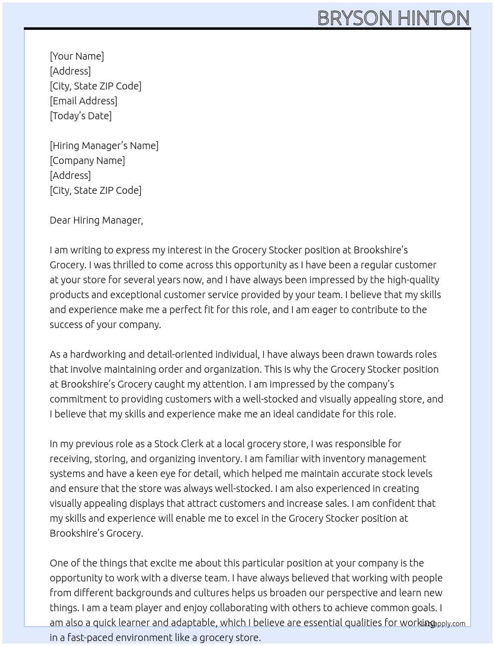 grocery stocker At Brookshire's Grocery Cover Letter