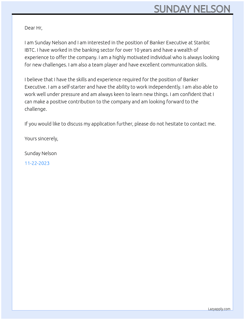 Banker Executive  At Stanbic ibtc  Cover Letter