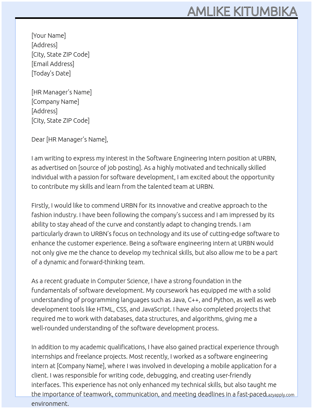 Software engineering intern At URBN Cover Letter