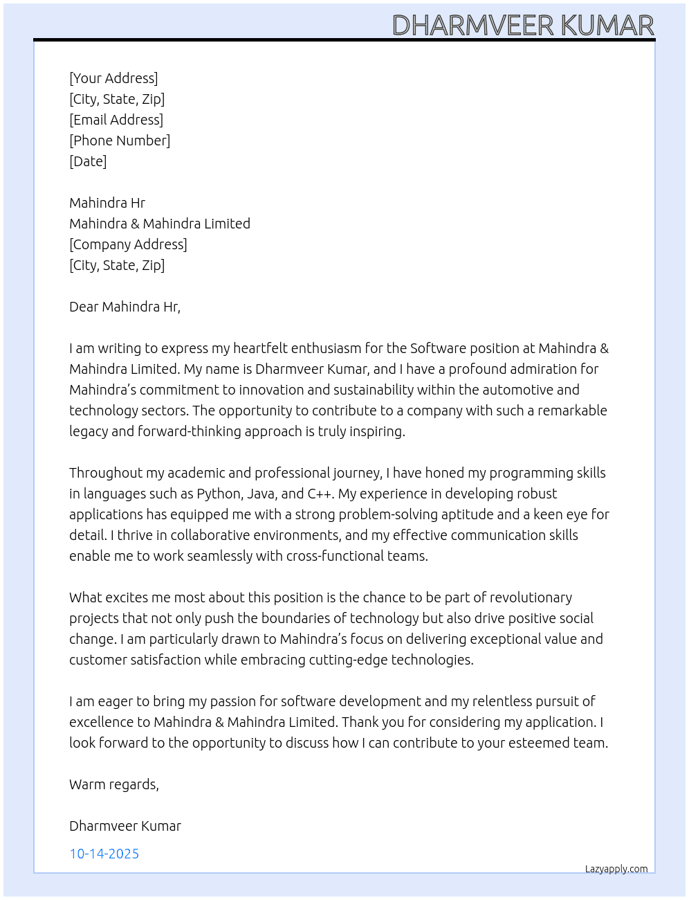 Software  At Mahindra & Mahindra limited Cover Letter