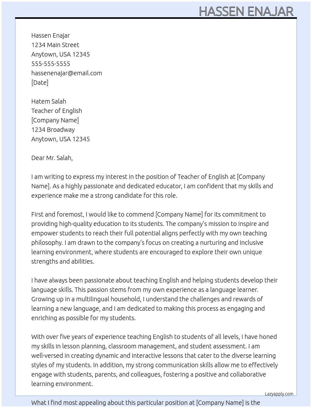 Teacher of English  At Teacher of English  Cover Letter