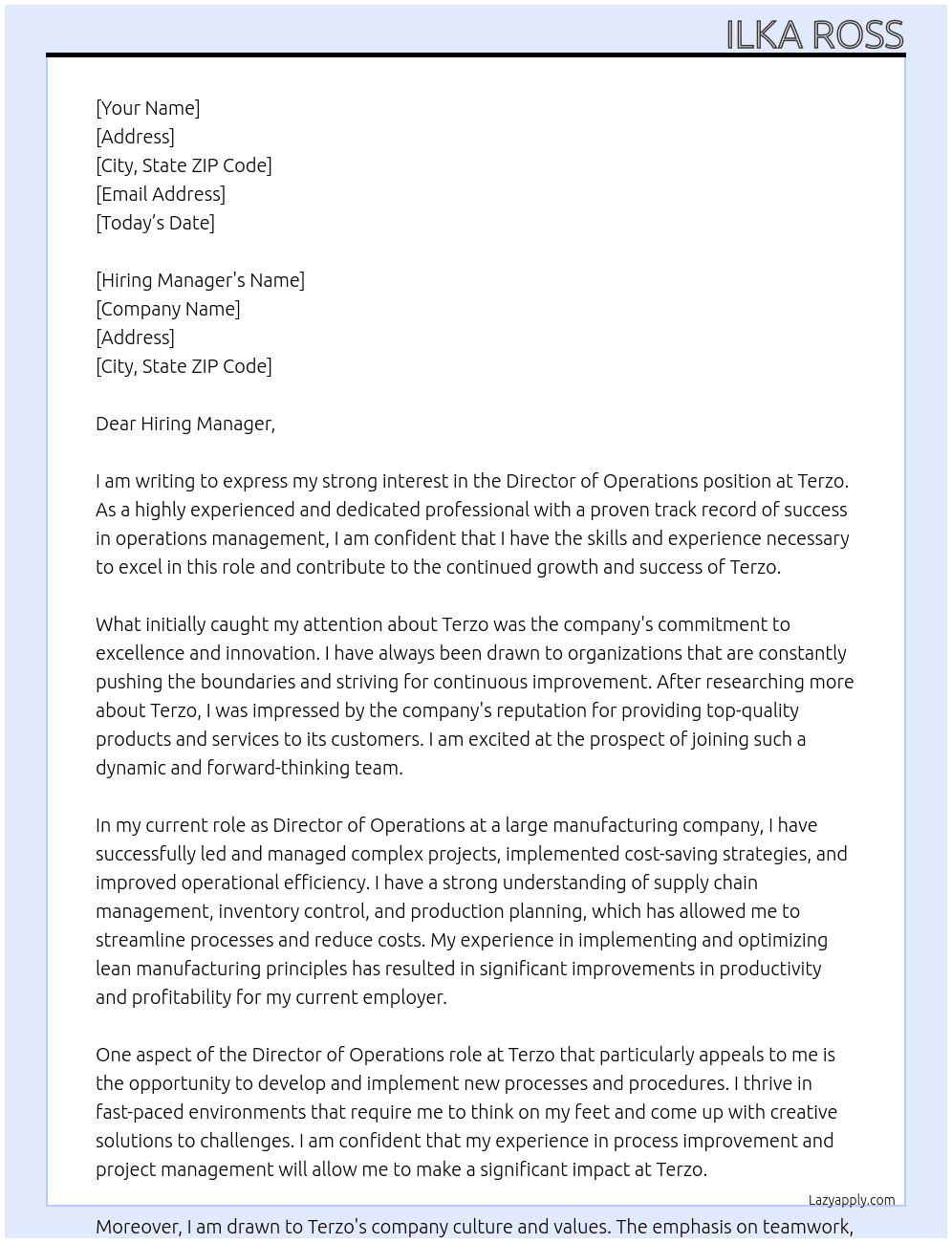 Director of Operations At Terzo Cover Letter