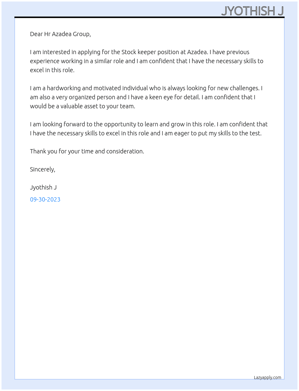 Stock keeper At Azadea Cover Letter