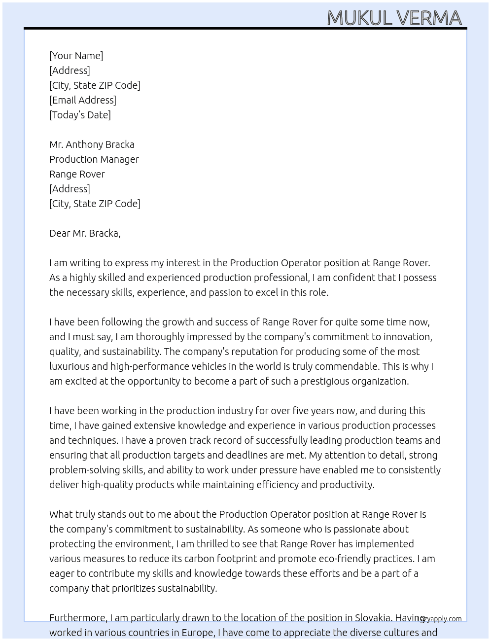 Production operator  At Range rover  Cover Letter
