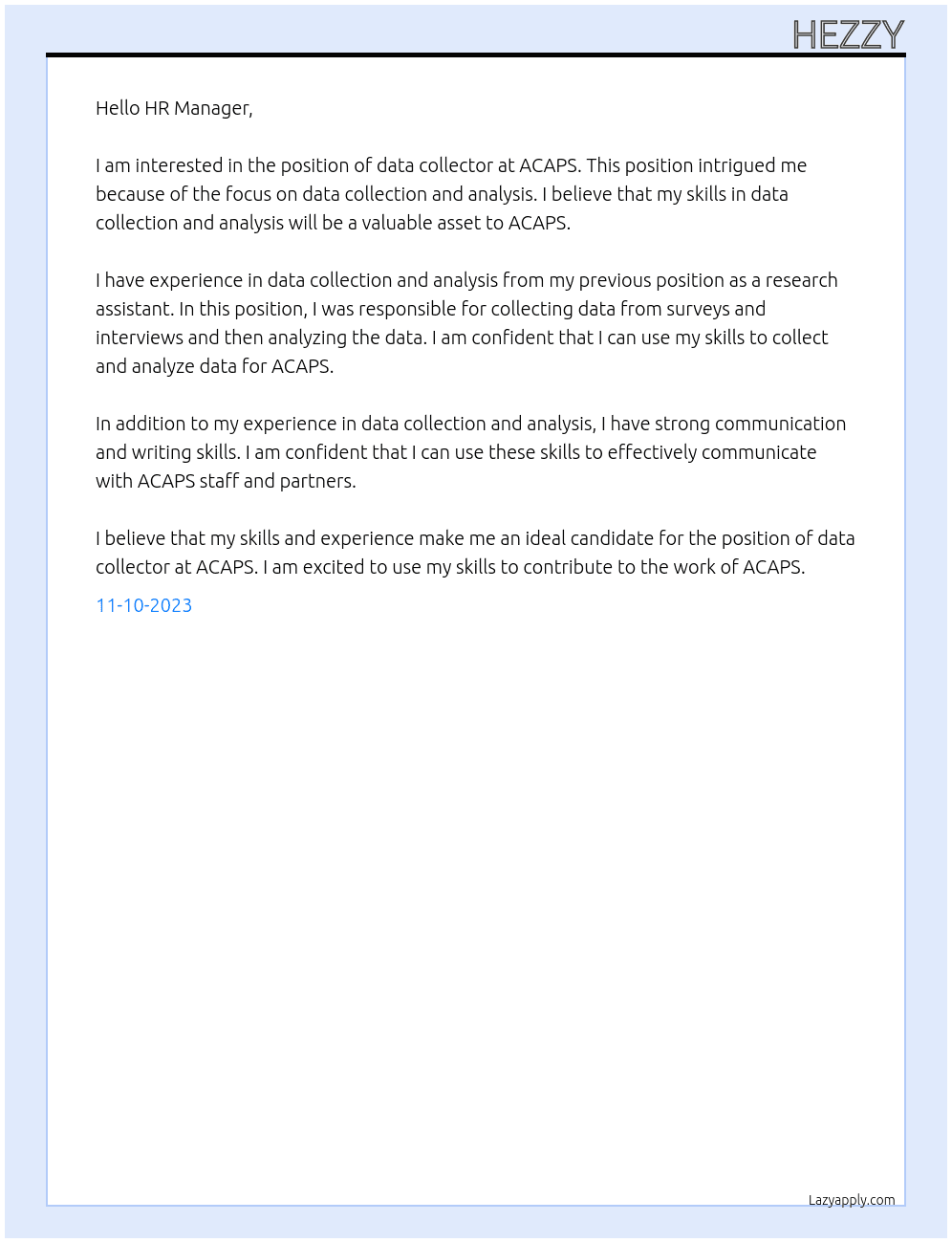 data collector At ACAPS Cover Letter