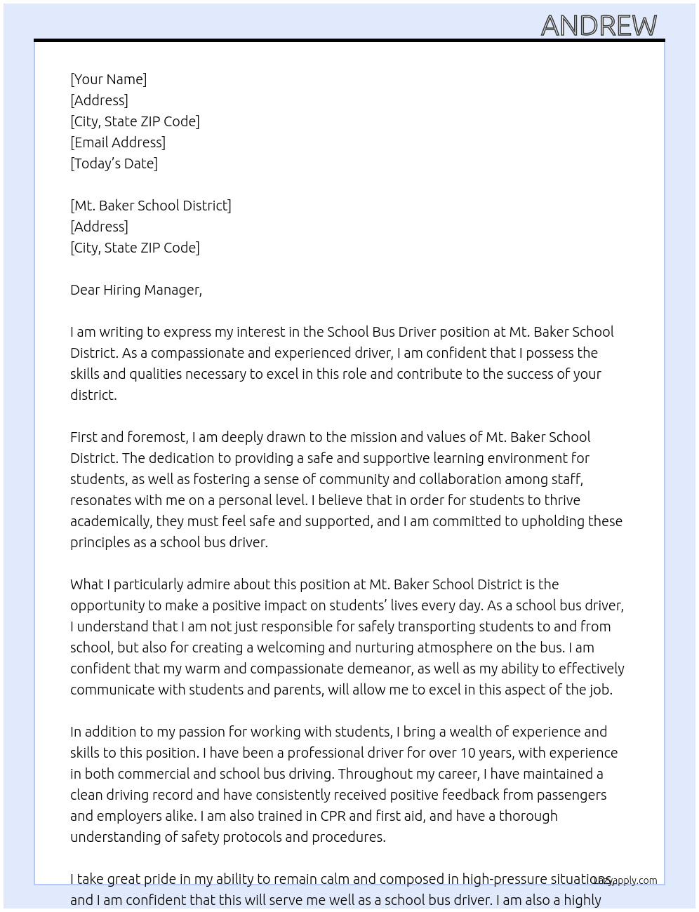 School bus driver  At Mount baker school district  Cover Letter