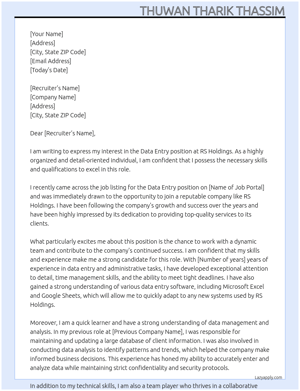 Data entry At RS Holdings Cover Letter