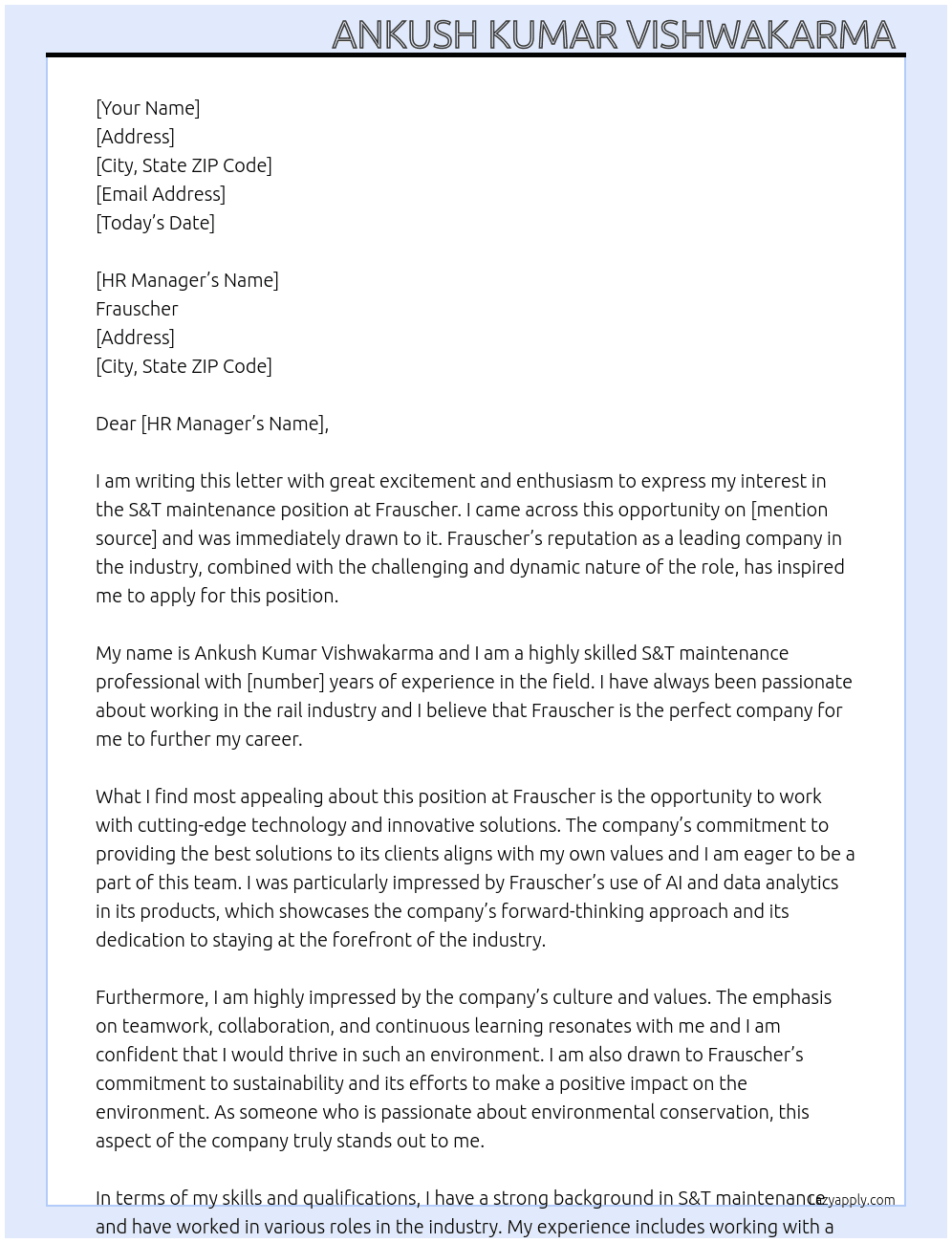 S&T maintenance as a high skilled  At Frauscher Cover Letter