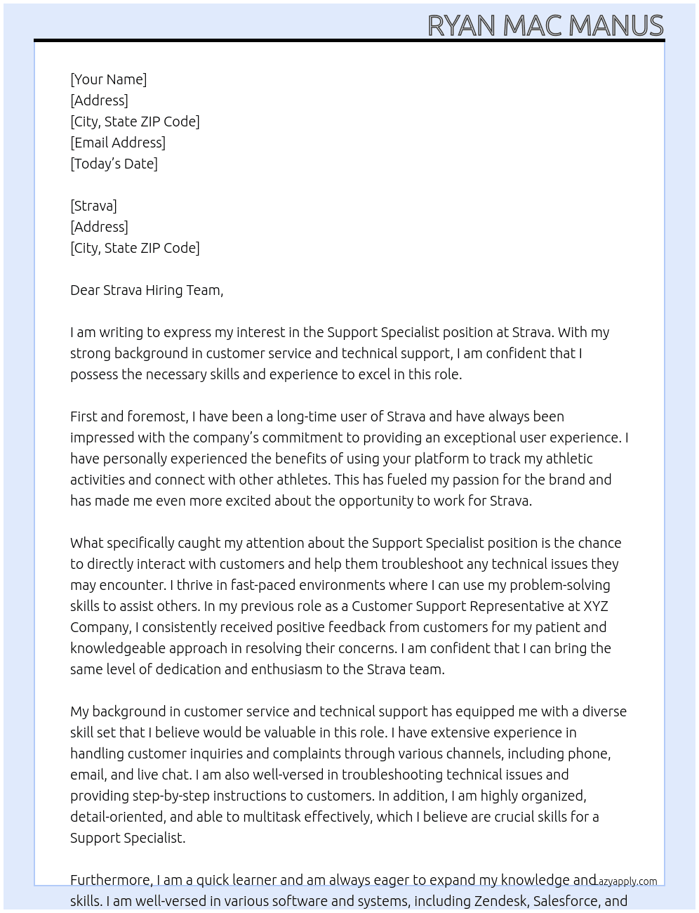 Support Specialist At Strava Cover Letter