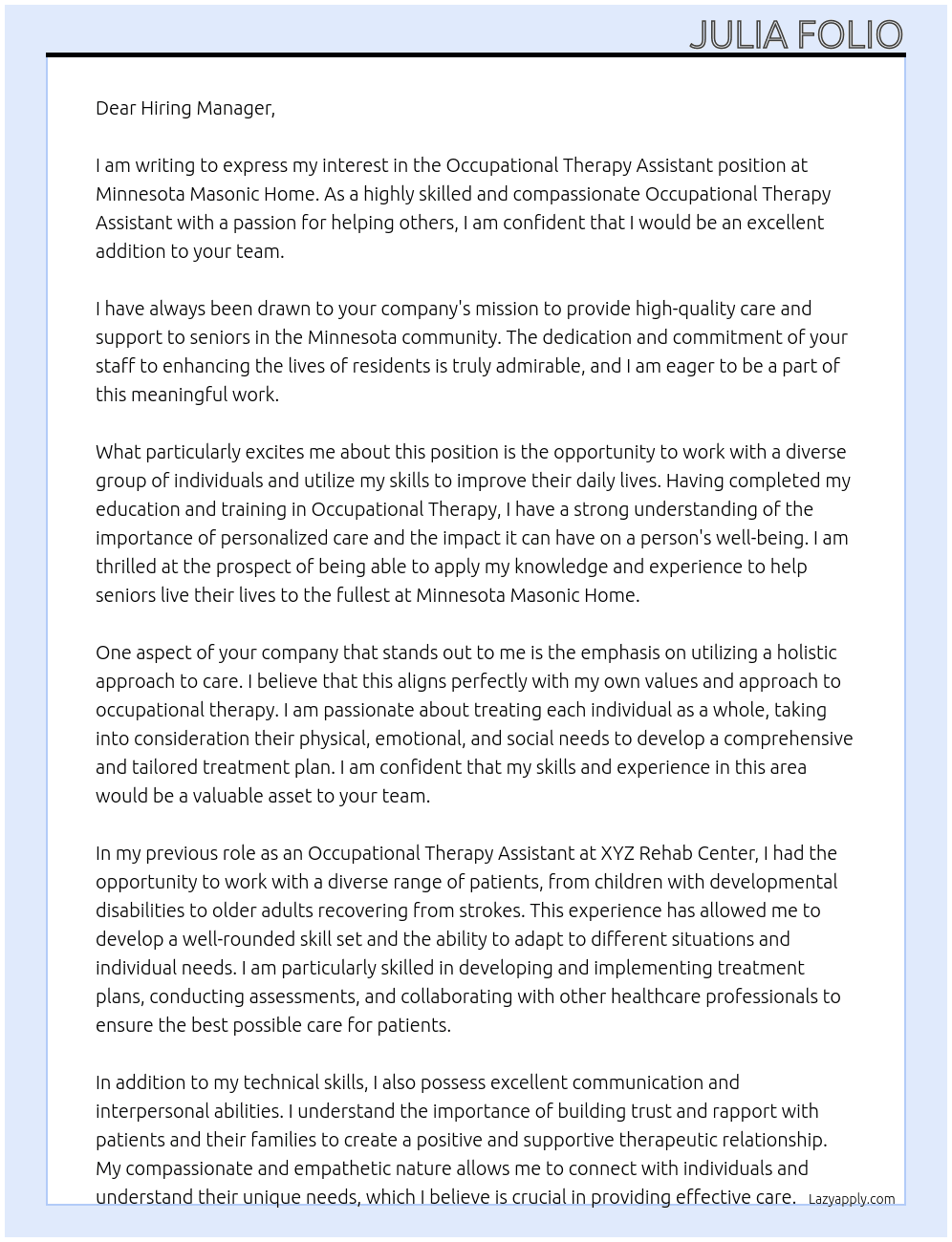 Occupational Therapy Assistant At Minnesota Masonic Home Cover Letter