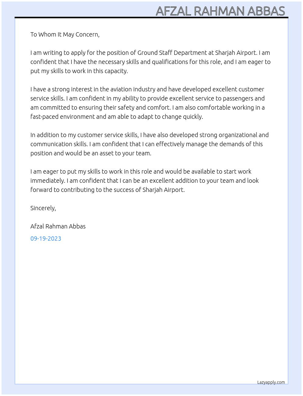 Ground Staff Department At Sharjah Airport Cover Letter