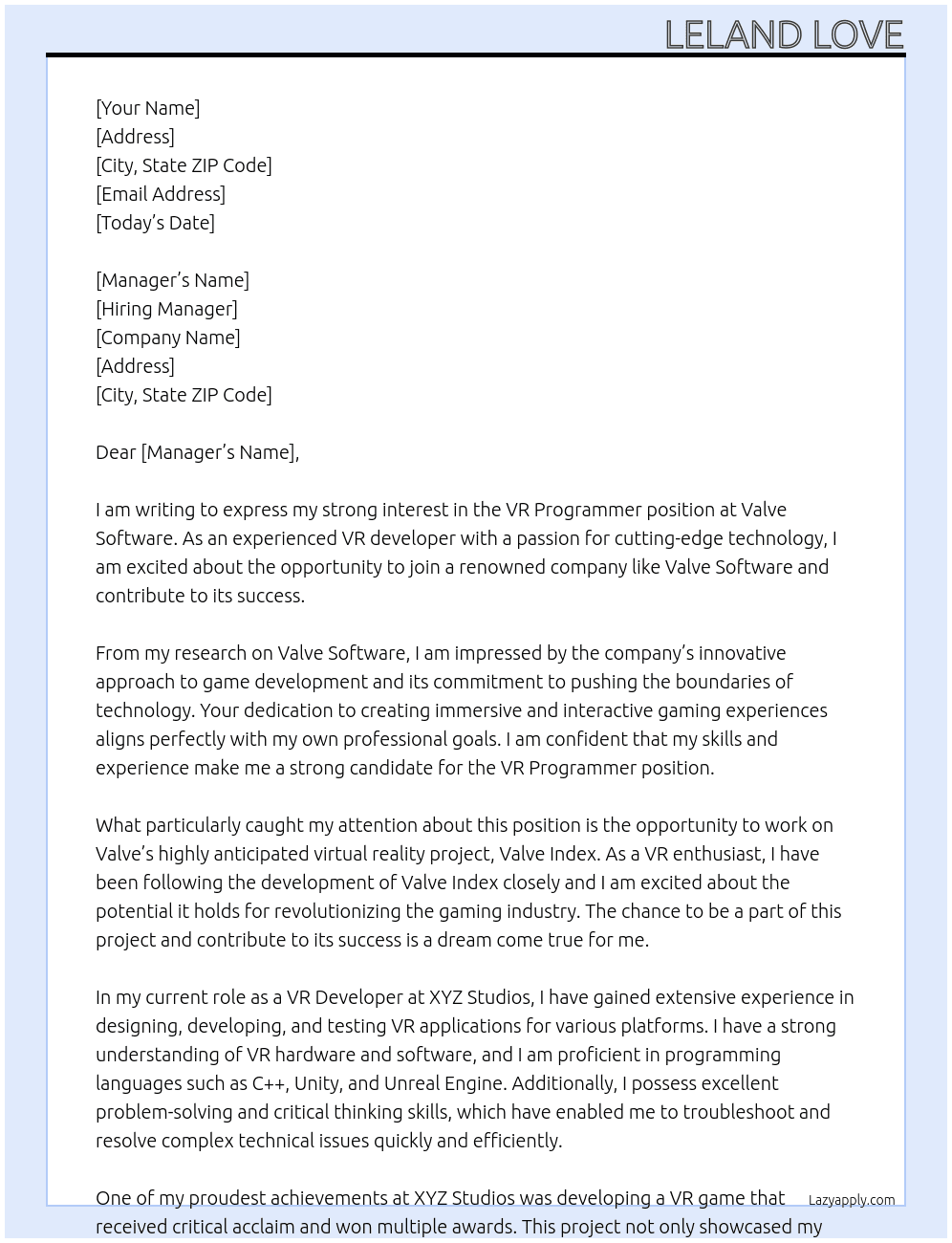 VR Programmer At Valve Software Cover Letter