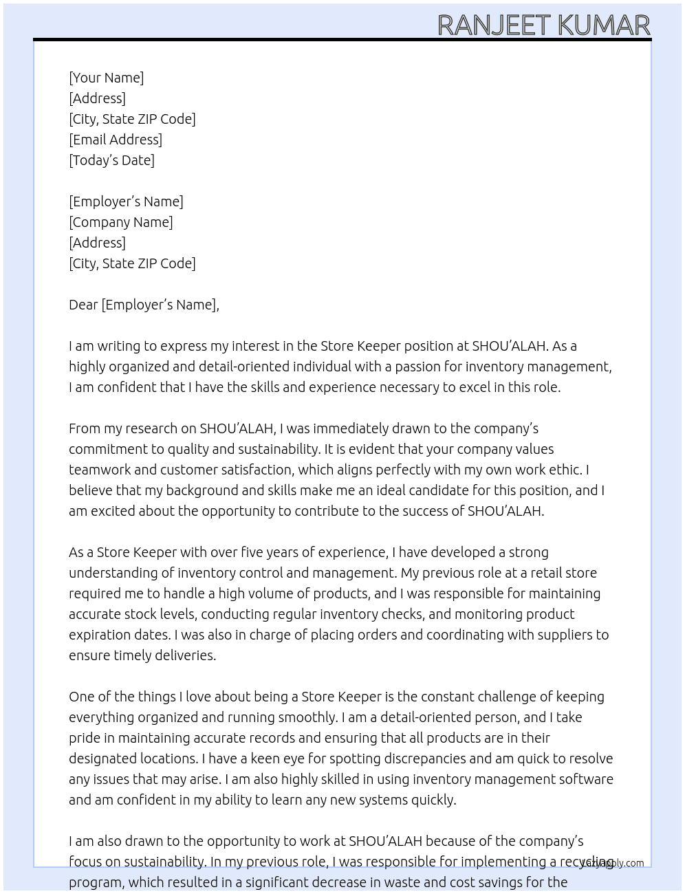 STORE KEEPER At SHOU'ALAH Cover Letter