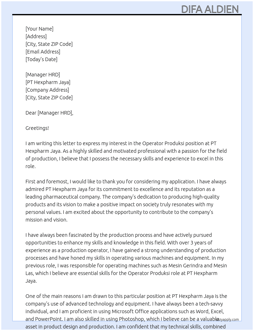 Operator Produksi  At PT Hexpharm Jaya Cover Letter