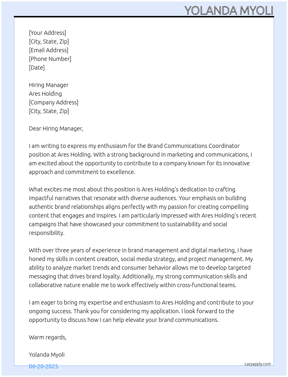 Cover letter for brand communications coordinator - LazyApply