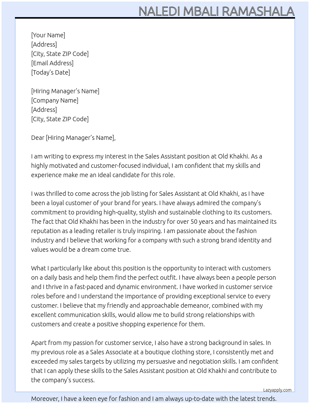  Sales Assistant At Old Khakhi Cover Letter