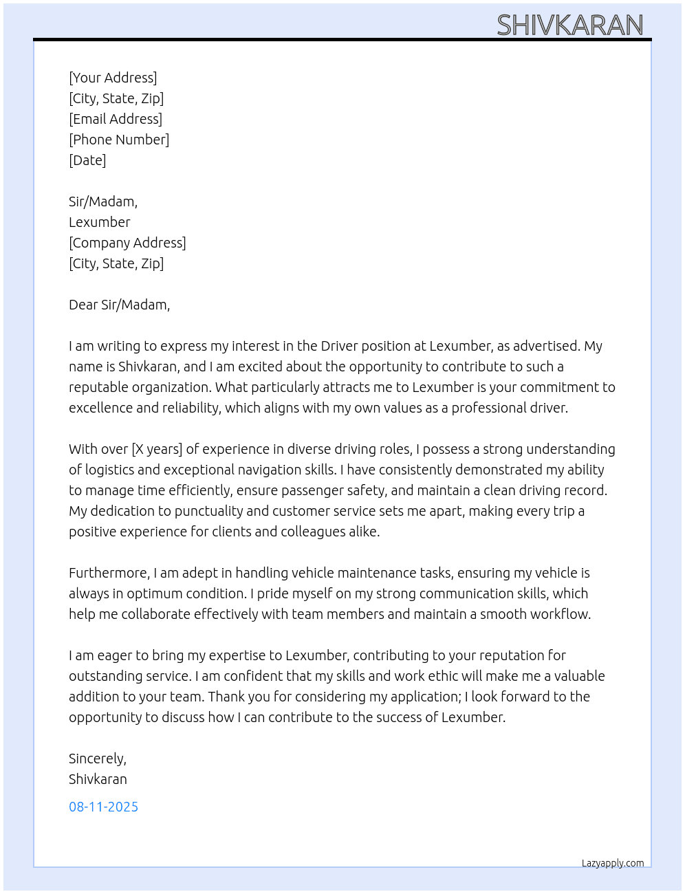 Driver  At Lexumber  Cover Letter