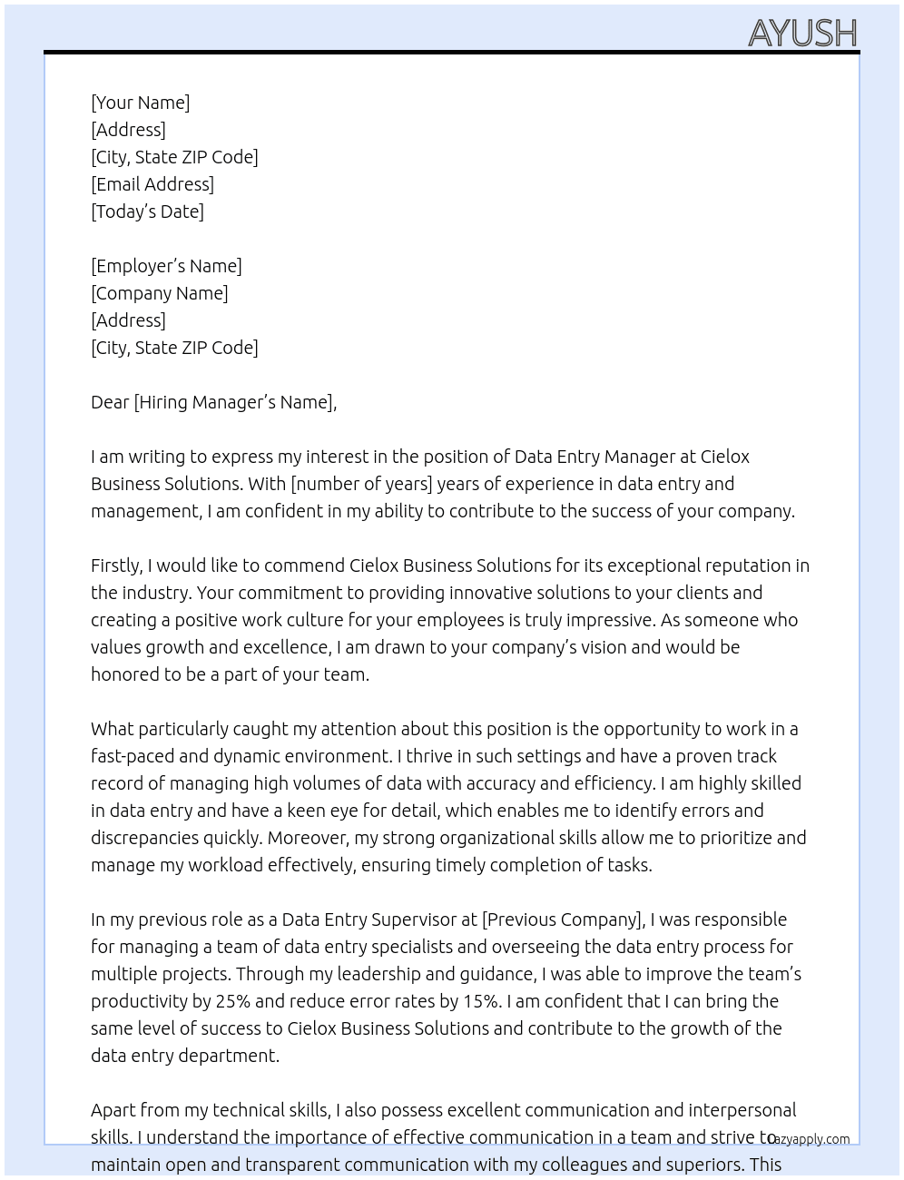 Data entry manager At Cielox business solutions Cover Letter