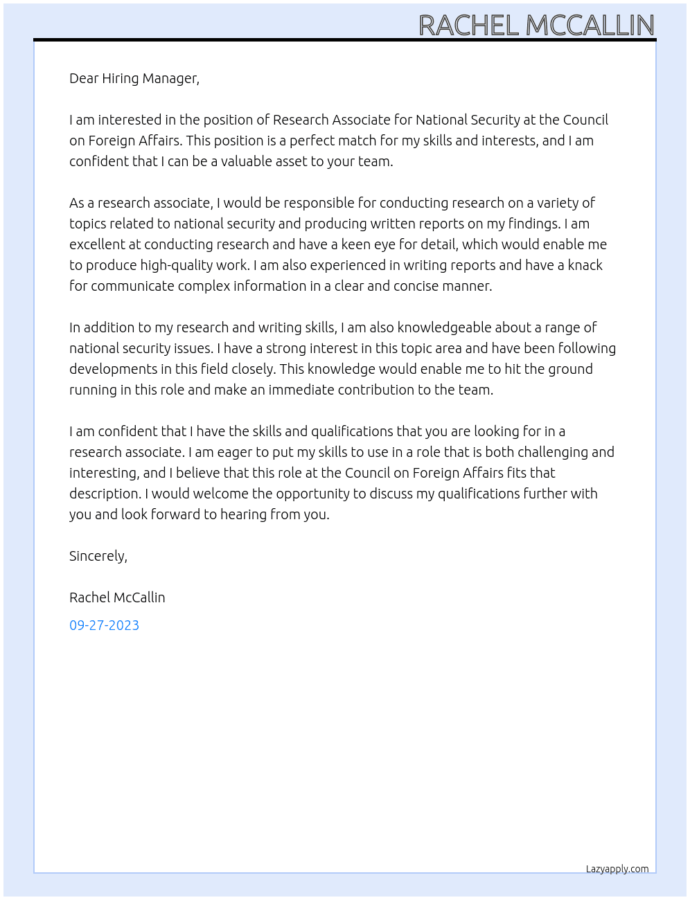 Research Associate, National Security At Council on Foreign Affairs Cover Letter
