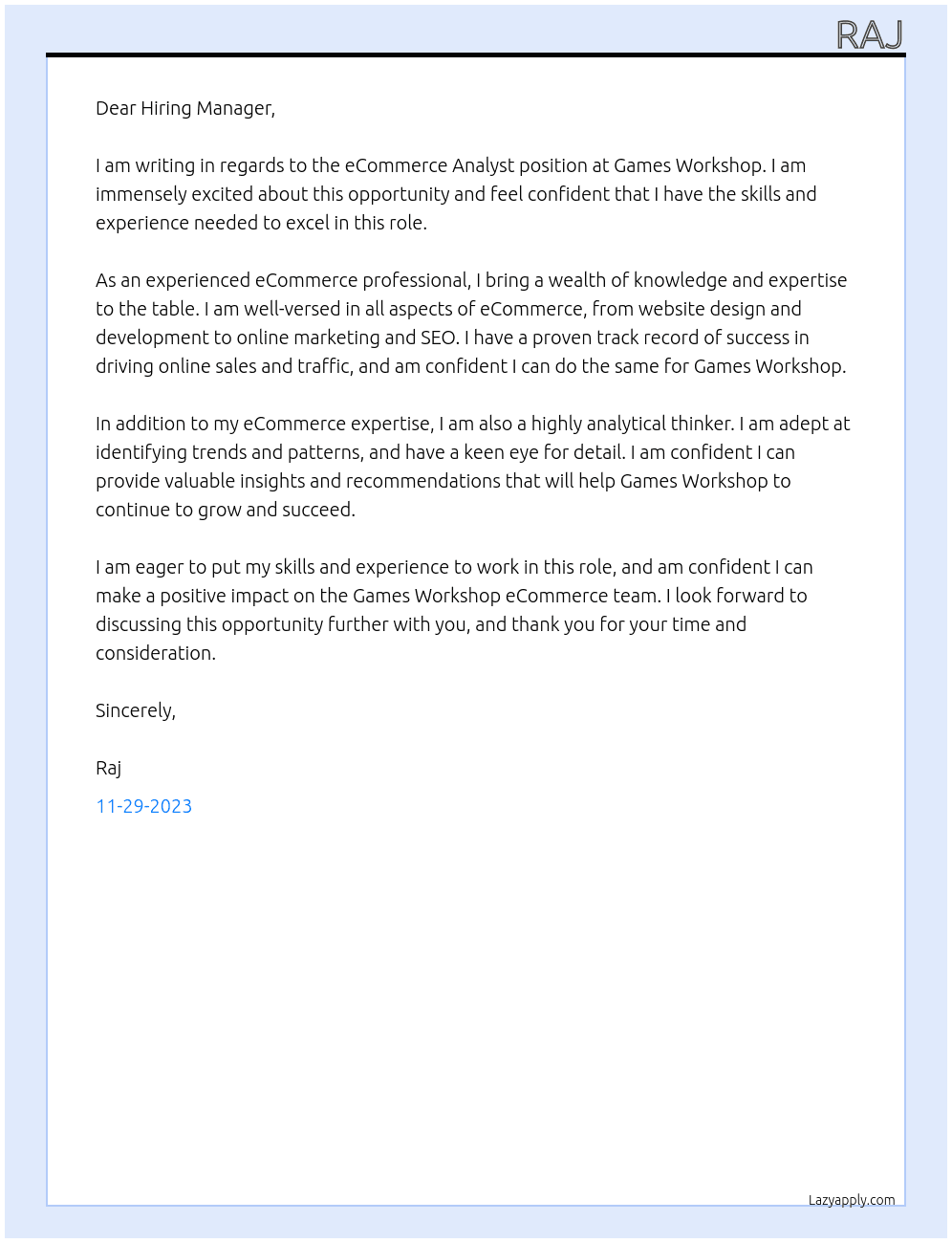 ECOMMERCE ANALYST At Games Workshop Cover Letter