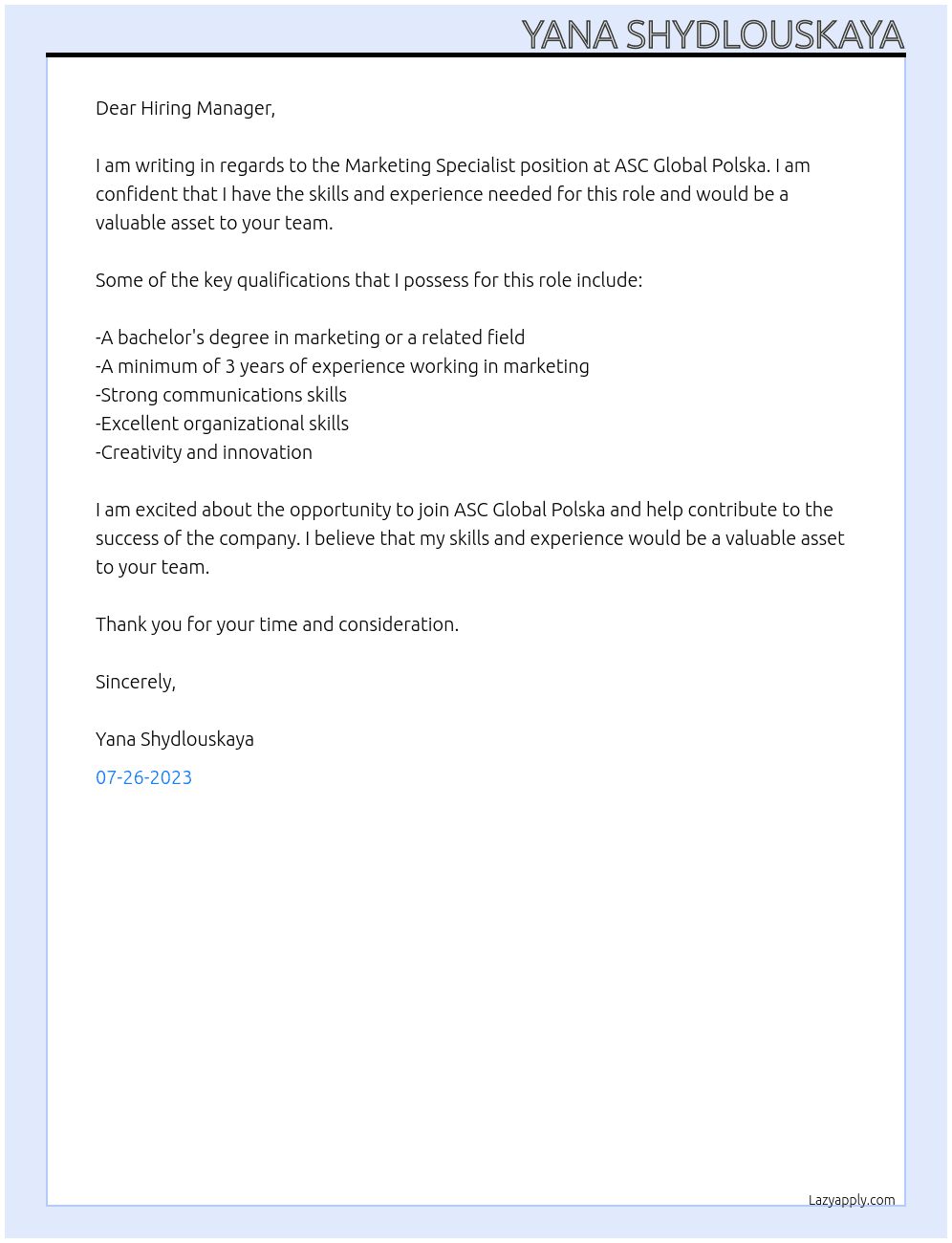 Marketing Specialist At ASC Global Polska Cover Letter